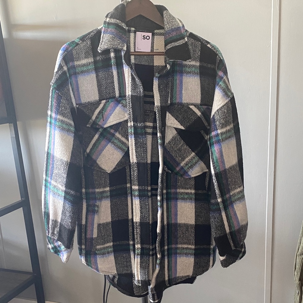 SO Juniors Plaid Jacket - Black, White, and Green